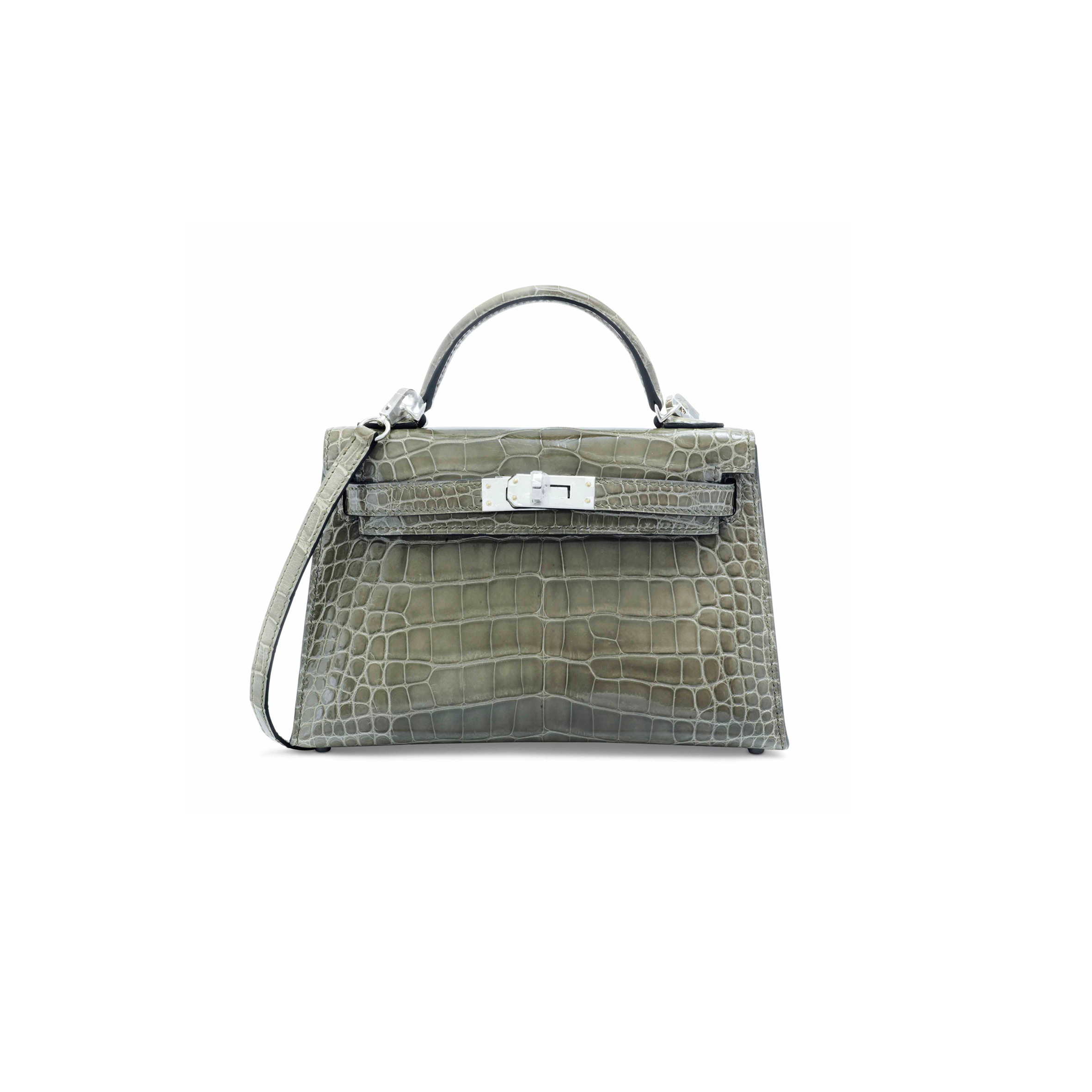 HERMÈS MASTER MINI KELLY II GLOSSY CROCODILE TURTLEDOVE GRAY SILVER BUCKLE (19*12*5.5cm)
